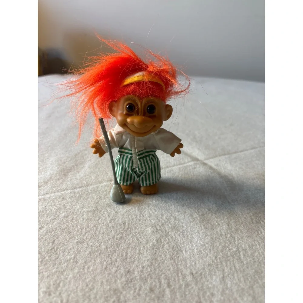 Vintage Troll Doll Golfer Orange Hair Green Striped Pants Golf Club Toy